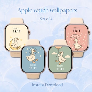 May include: Four Apple Watch displays with duck-themed wallpapers. Each watch face has a different duck illustration on a pastel background, with the time shown as 11:11. The text "Apple watch wallpapers" and "Set of 4" are visible.