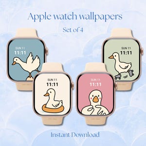 May include: Four Apple Watch wallpapers featuring cartoon ducks on various backgrounds. Each watch face displays the time as 11:11 and the day as Sunday. The backgrounds are pastel colors, including blue, green, pink, and cream. The text "Apple watch wallpapers" and "Instant Download" are also visible.