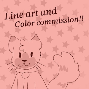 May include: A digital illustration featuring a cartoon cat with a pink and brown color scheme. The cat is outlined in brown and has a pink face and a fluffy tail. The background is pink with star shapes, and the text "Line art and Color commission!!" is written at the top.