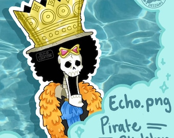 May include: A sticker featuring a cartoon skeleton pirate with a gold crown and afro, wearing a blue shirt and orange fur. The sticker has the text "Echo.png Pirate = Skeleton" on a blue background.