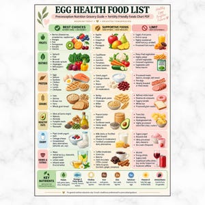 May include: A nutrition chart titled EGG HEALTH FOOD LIST, Preconception Nutrition Grocery Guide, and Fertility Friendly Foods Chart PDF. It categorizes foods into Best Choices, Supportive Foods, and Limit columns with icons and text lists.