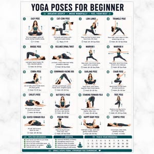 May include: A white instructional poster titled YOGA POSES FOR BEGINNER featuring twenty numbered illustrations of a person in various yoga positions. Each section includes the pose name, descriptive instructions, and hold times in seconds or minutes.