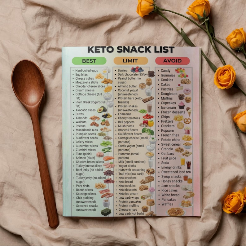 May include: A wooden spoon rests beside a colorful keto snack list. The list categorizes foods into "Best," "Limit," and "Avoid" sections, with illustrations of various food items. Yellow flowers are scattered around the list.