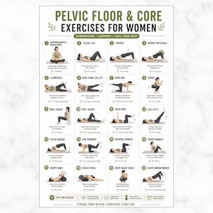 May include: A white instructional poster titled Pelvic Floor & Core Exercises for Women, featuring twenty numbered illustrations of exercise movements with descriptive text, green accents, and a section at the bottom with tips for success.