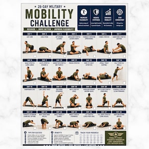 May include: A 28-day military mobility challenge chart. The chart displays a series of stretches and exercises, such as cat-cow, child pose, and downward dog. The chart also includes tips for success and the benefits of the program.