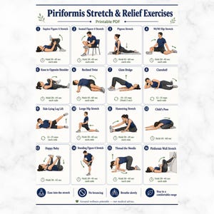 Può includere: Un grafico PDF stampabile intitolato Piriformis Stretch & Relief Exercises che presenta sedici illustrazioni numerate di persone che eseguono vari esercizi di stretching, tra cui la posizione del piccione, il ponte e la posizione del bambino.
