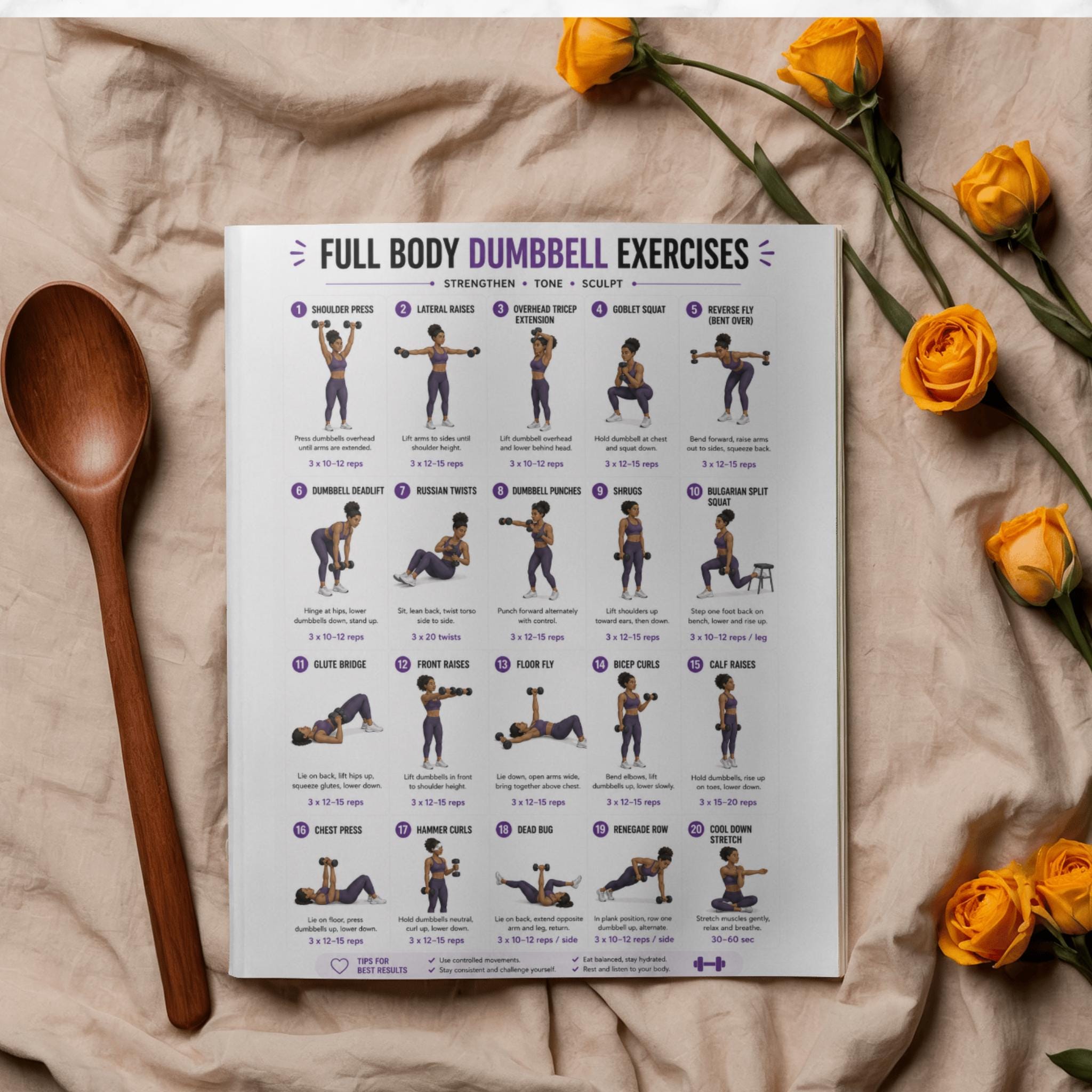 Full Body Dumbbell Workout Chart – Home Dumbbell Exercises, Printable ...