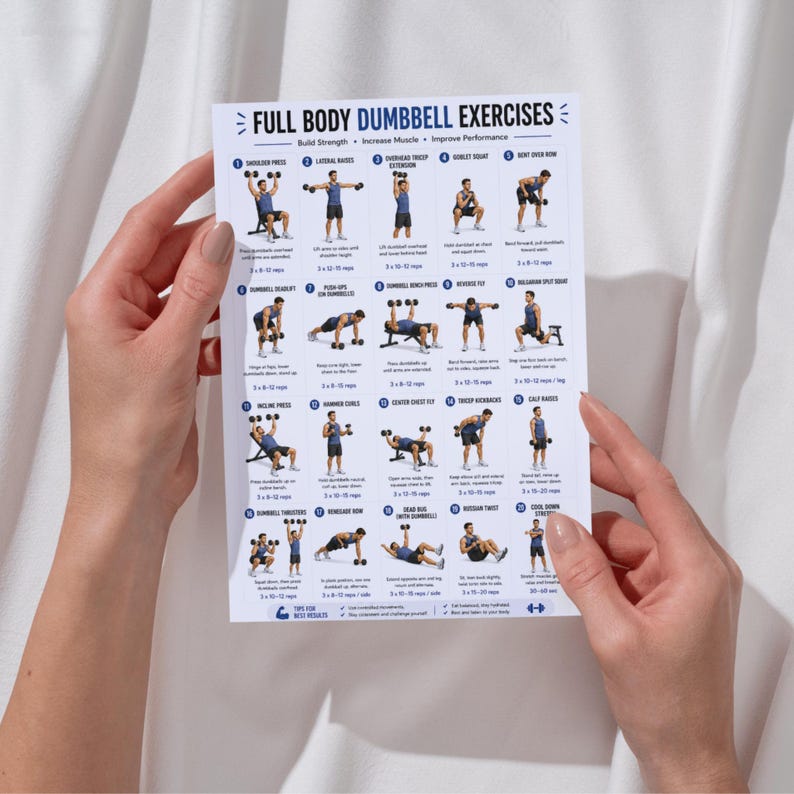 May include: A white printed exercise chart titled "FULL BODY DUMBBELL EXERCISES" with illustrations of various dumbbell exercises. The chart includes exercises like shoulder press, lateral raises, and goblet squat. The chart is held by two hands.