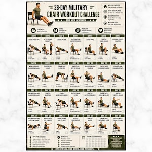 Può includere: Un grafico di sfida di allenamento militare su sedia di 28 giorni per uomini e donne. Il grafico in bianco e nero illustra esercizi come flessioni sulla sedia, plank e sollevamenti delle gambe. Include consigli per il successo e i benefici dell'allenamento.
