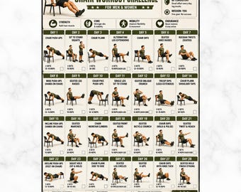 28-daagse militaire stoeltrainingsuitdaging, zittend lichaamsgewicht fitnessplan, stoeloefeningposter pdf