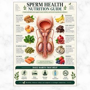 May include: An educational poster titled Sperm Health Nutrition Guide featuring an anatomical illustration of the male reproductive system surrounded by food icons like walnuts, eggs, spinach, salmon, bananas, chocolate, pomegranate, oysters, and berries.
