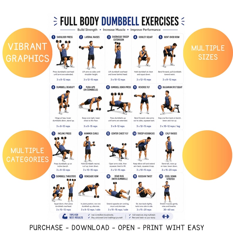 May include: A full-body dumbbell exercises chart with vibrant graphics, multiple sizes, and categories. The chart includes exercises like shoulder press, lateral raises, and goblet squats, with instructions and rep counts. The text at the bottom says "Purchase - Download - Open - Print With Easy".