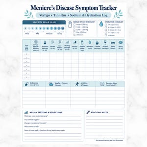 Könnte beinhalten: Ein Menière-Krankheit Symptom-Tracker-Blatt in Blau und Weiß. Es enthält Abschnitte für eine Schweregradskala, Natriumaufnahme, Flüssigkeitszufuhr, tägliche Symptomprotokollierung, Medikamente, Wetter, Aktivitäten und wöchentliche Reflexionen.