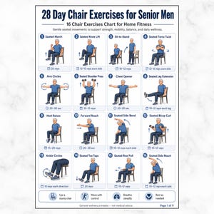 Può includere: Un grafico di esercizi su sedia di 28 giorni per uomini anziani con 16 movimenti illustrati. Il poster bianco mostra passaggi numerati con figure in camicia blu che eseguono esercizi da seduti, incluse ripetizioni e durata per ogni attività.