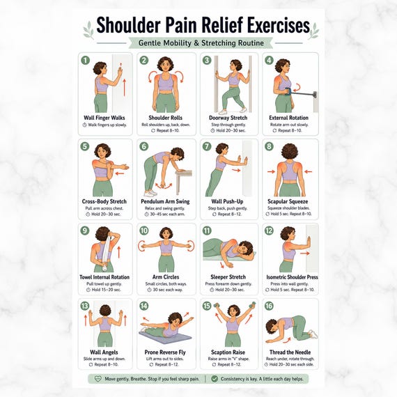 Shoulder Pain Relief Exercises, Rotator Cuff Stretches, Shoulder Impingement Relief Exercise Rehab, Stretches For Shoulder Mobility Poster