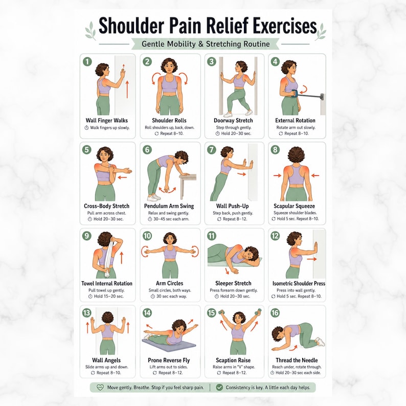 May include: A poster with illustrations of shoulder pain relief exercises. The exercises include wall finger walks, shoulder rolls, doorway stretch, external rotation, cross-body stretch, pendulum arm swing, and more. Text at the top reads "Shoulder Pain Relief Exercises."