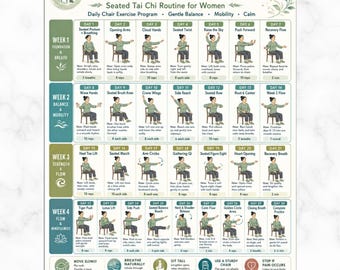 Sfida di 30 giorni di Tai Chi da seduti per donne (stampabile), routine di Tai Chi da seduti in PDF, programma di esercizi quotidiani da seduti per donne