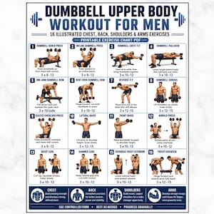 May include: A printable exercise chart titled DUMBBELL UPPER BODY WORKOUT FOR MEN, featuring 16 illustrated exercises for chest, back, shoulders, and arms. Each numbered section includes a visual demonstration, exercise name, and repetition instructions.