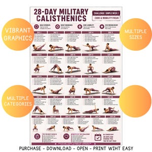 Op de afbeelding: Een 28-daagse militaire calisthenics workout chart met focus op core en mobiliteit. De chart bevat een gedetailleerd oefenplan met illustraties, georganiseerd per dag, en bevat tips voor de beste resultaten. Het ontwerp is levendig.