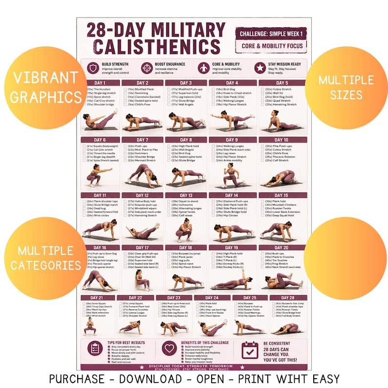 Op de afbeelding: Een 28-daagse militaire calisthenics workout chart met focus op core en mobiliteit. De chart bevat een gedetailleerd oefenplan met illustraties, georganiseerd per dag, en bevat tips voor de beste resultaten. Het ontwerp is levendig.