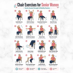 Peut inclure: Une affiche intitulée "Exercices sur chaise pour femmes seniors" avec une routine douce de force et de mobilité assise. L'affiche présente 16 exercices illustrés, dont des élévations des bras, des extensions des genoux et des flexions des mollets.