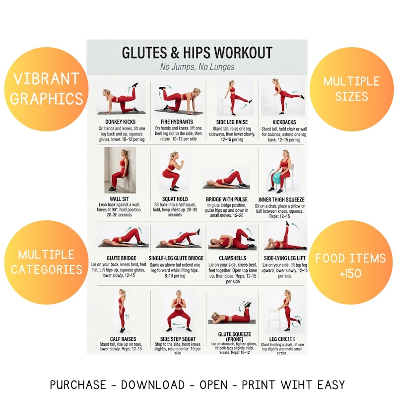 Glutes and Hips Workout | Printable Exercise Chart | No Jump Home ...