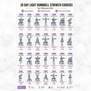 Op de afbeelding: Een 28-daags trainingsschema voor lichte halteroefeningen voor vrouwen van 60+ met geïllustreerde figuren die diverse bewegingen uitvoeren zoals bicep curls, rows en lunges, inclusief specifieke instructies en herhalingen voor elke dag.