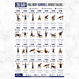 Puede incluir: Un póster de desafío de entrenamiento de cuerpo completo con mancuernas de 28 días que presenta una cuadrícula de 28 ilustraciones de ejercicios numeradas. Cada recuadro muestra a una persona realizando un movimiento con mancuernas e instrucciones.