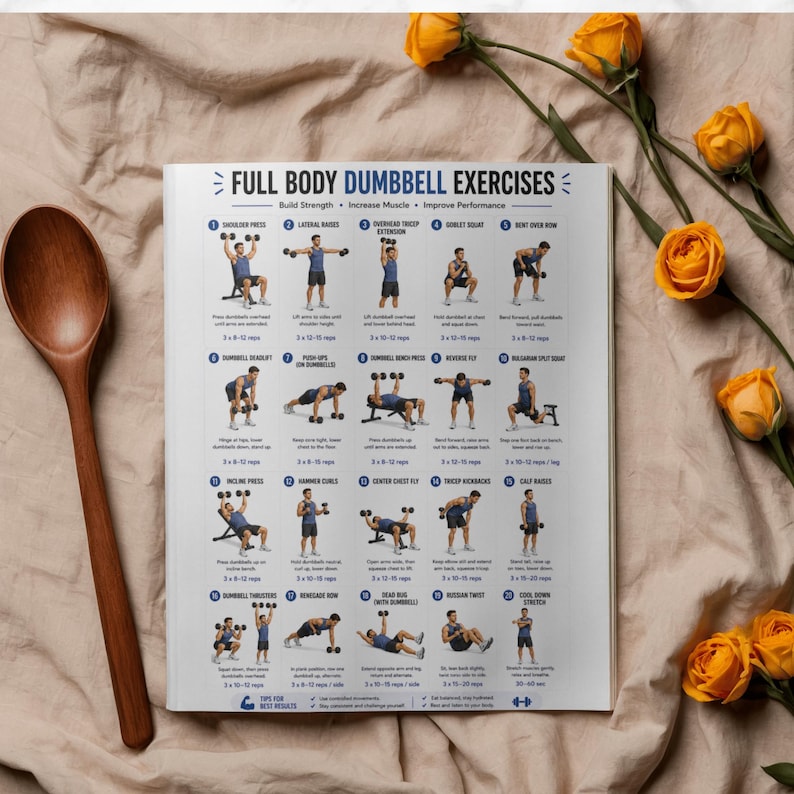 May include: A white poster titled "FULL BODY DUMBBELL EXERCISES" with illustrations of various dumbbell exercises. The poster includes text such as "Build Strength, Increase Muscle, Improve Performance". A wooden spoon and yellow roses are in the image.