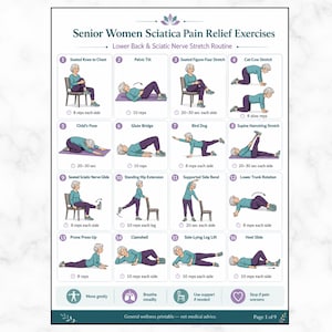 May include: A printable exercise chart titled Senior Women Sciatica Pain Relief Exercises, featuring sixteen numbered illustrations of a person performing various stretches and movements, with text labels for each exercise and repetition counts.