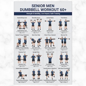 May include: A workout guide for senior men, featuring dumbbell exercises. The poster displays illustrations of various exercises, including seated bicep curls, shoulder presses, and lateral raises. The text provides instructions and rep counts for each exercise, promoting strength, mobility, and safe training.
