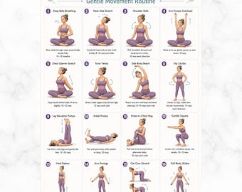 Ejercicios para estimular el flujo linfático (imprimibles), rutina de drenaje linfático, ejercicios de movimiento suave, tabla de ejercicios para todo el cuerpo, póster en PDF.