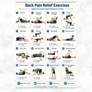 Op de afbeelding: Een wit instructieoverzicht getiteld Back Pain Relief Exercises met zestien genummerde illustraties van een persoon in een blauw shirt en zwarte broek die verschillende rekoefeningen en bewegingen uitvoert met tekst en richtlijnen.
