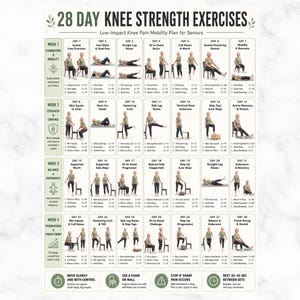 May include: A 28-day knee strength exercise chart for seniors featuring a grid of daily low-impact mobility routines. Each day includes illustrated figures demonstrating movements like seated extensions, squats, and leg raises with text instructions.