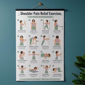 May include: A poster titled "Shoulder Pain Relief Exercises" with illustrations of gentle mobility and stretching routines. The poster includes 16 exercises with instructions. The poster is hanging from a black rod.