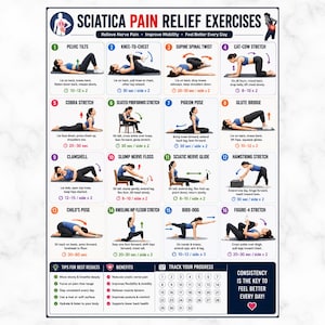 May include: A white and blue infographic detailing 16 sciatica pain relief exercises. Each exercise is illustrated with a person demonstrating the pose, along with instructions and time recommendations. The infographic also includes tips for best results and benefits.