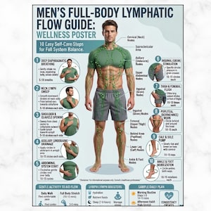 May include: A wellness poster titled Full-Body Lymphatic Flow Guide featuring a central illustration of a person with a green lymphatic system overlay. It includes 10 numbered self-care steps with diagrams and text explaining lymphatic drainage techniques.