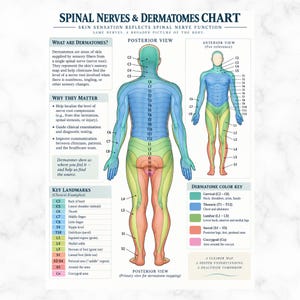 May include: A medical educational chart titled Spinal Nerves & Dermatomes Chart. It features a posterior and anterior view of the human body with color-coded sections representing nerve roots, accompanied by text boxes explaining dermatomes.