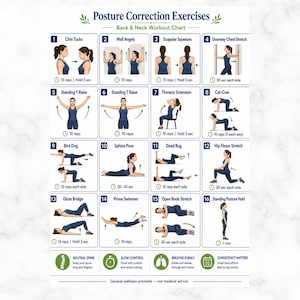Può includere: Un poster didattico bianco intitolato Posture Correction Exercises Back & Neck Workout Chart. Presenta sedici illustrazioni numerate di una persona con canotta e leggings blu che esegue vari esercizi di stretching e allenamento con etichette.