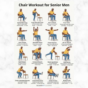 May include: Illustrated guide titled "Chair Workout for Senior Men" with 16 exercises demonstrated by a man in a yellow shirt and blue pants. Exercises include arm circles, knee lifts, and squats, with instructions and rep counts.