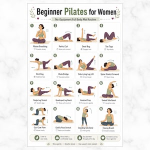 Puede incluir: Un póster instructivo blanco titulado Beginner Pilates for Women que presenta dieciséis ilustraciones numeradas de posturas de ejercicio. Cada sección incluye una etiqueta y una breve instrucción para movimientos como la respiración de Pilates.