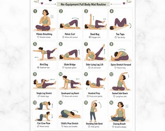 May include: A white instructional poster titled Beginner Pilates for Women featuring sixteen numbered illustrations of exercise poses. Each section includes a label and brief instruction for movements like Pilates Breathing, Pelvic Curl, and Child's Pose.