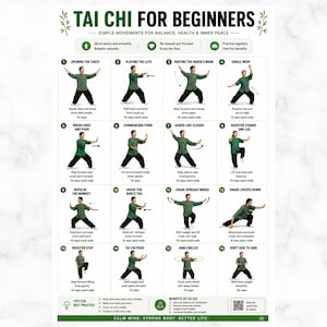 May include: A guide to Tai Chi for beginners, featuring 16 illustrated movements. Each step is shown with a person in a green outfit, demonstrating the poses. Text includes instructions and benefits of Tai Chi.