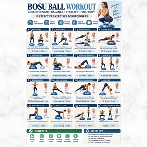 Puede incluir: Un póster de entrenamiento con pelota Bosu que presenta 16 ilustraciones de ejercicios numeradas con instrucciones. El gráfico incluye una pelota Bosu azul, etiquetas de texto para movimientos como sentadillas y estocadas, y consejos de seguridad.