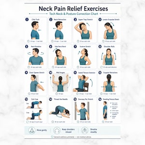 May include: A white instructional chart titled Neck Pain Relief Exercises and Tech Neck & Posture Correction Chart. It features sixteen numbered illustrations of individuals performing various stretches and exercises with text labels and duration instructions.