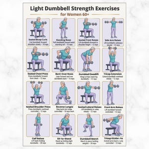 May include: A poster titled "Light Dumbbell Strength Exercises for Women 60+" displays illustrated exercises. The exercises include seated bicep curls, standing rows, seated front raises, side arm raises, and more. Each exercise shows a woman performing the movement with dumbbells.