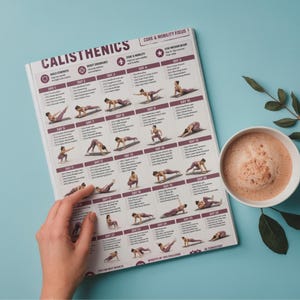 Op de afbeelding: Een gedrukte calisthenics workout chart met een 30-dagenplan, met oefenillustraties. De chart wordt door een hand vastgehouden, met een kop koffie op een lichtblauwe ondergrond. De chart bevat tekst zoals "Bouw kracht" en "Core & Mobility Focus".
