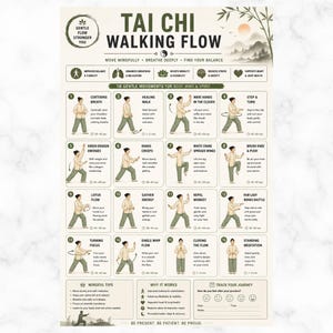 Walking Tai Chi For Seniors Beginners Printable, Standing Tai Chi Steps Exercise Chart, Balance Stability Workout, Gentle Low Impact PDF