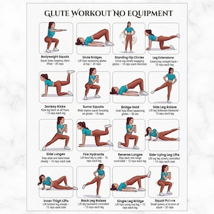 Puede incluir: Un póster instructivo blanco titulado Glute Workout No Equipment con dieciséis ejercicios ilustrados. Cada panel muestra a una persona con camiseta azul verdoso y leggings marrones realizando movimientos como sentadillas y puentes.