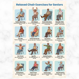 Puede incluir: Una colorida guía ilustrada titulada "Ejercicios relajados en silla para personas mayores". La guía demuestra varios ejercicios sentados, incluyendo elevaciones de brazos, extensiones de rodillas y círculos de tobillos. Cada ejercicio va acompañado de instrucciones y recuentos de repeticiones.